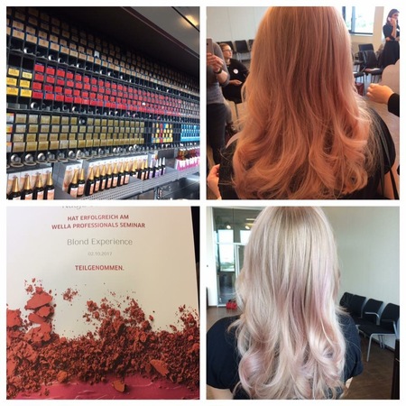 Collage mit Friseurbedarf, blondiertem Haar und Wella Professionals Seminarzertifikat.