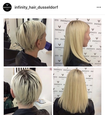 Vorher-nachher Bild einer Haarverlängerung mit blondem Haar im Friseursalon Düsseldorf.