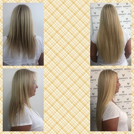 Vorher-nachher Vergleich von Haarverlängerung bei blonden, glatten, langen Haaren.