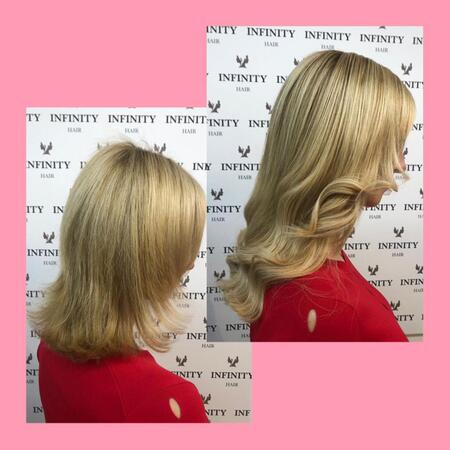 Vorher-nachher Vergleich von Haarverlängerung mit blonden, gestylten Locken im Friseursalon.