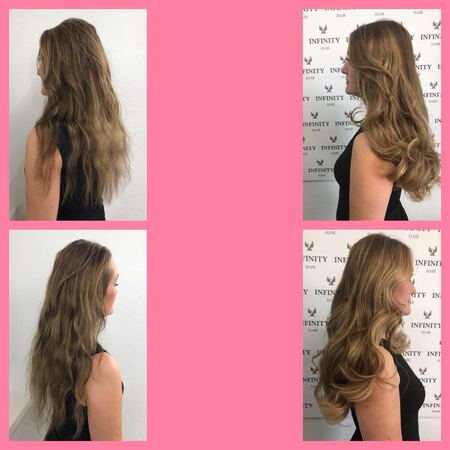 Vorher-nachher Bild einer Haarverlängerung mit mehr Volumen und glänzenden Locken.